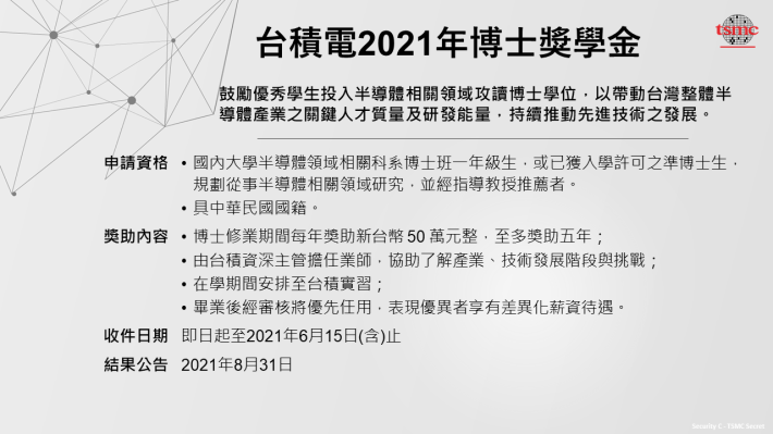 【台積電2021年博士獎學金】