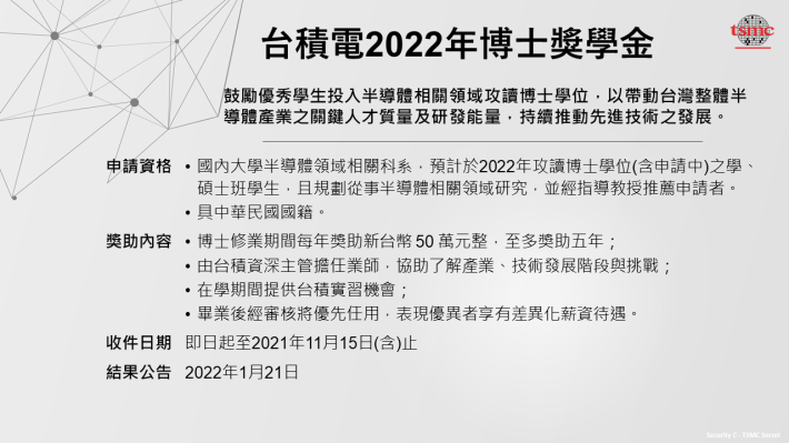 【台積電2022年博士獎學金】