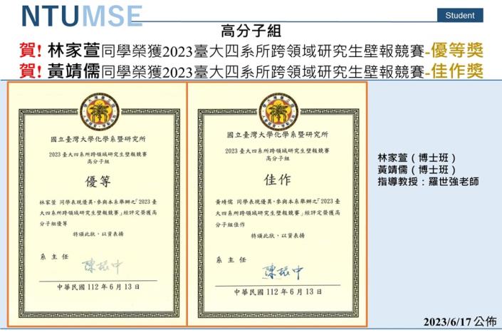 賀!  2023台大四系所跨領域研究生壁報競賽高分子組-林家萱-優等-黃靖儒-佳作