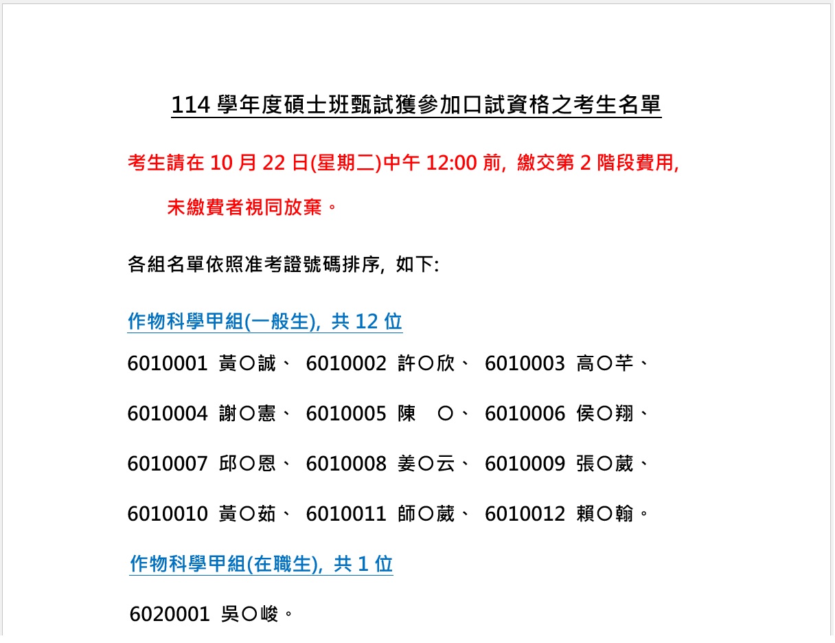 114學年度碩士班甄試獲參加口試資格之考生名單