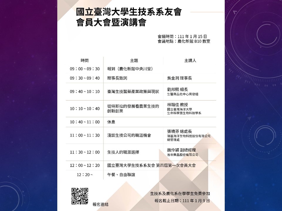 [系友會] 國立臺灣大學生技系系友會會員大會暨演講會