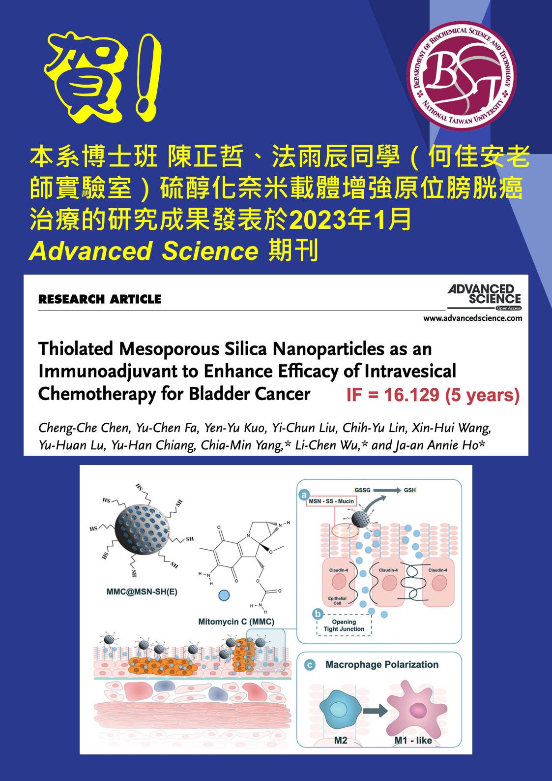 本系博士班 陳正哲、法雨辰同學（何佳安老師實驗室）硫醇化奈米載體增強原位膀胱癌治療的研究成果發表於2023年1月 Advanced Science 期刊